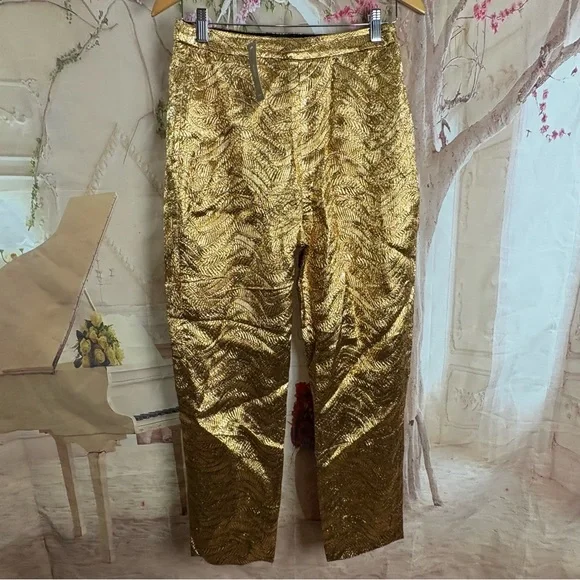 NEW J. Crew Collection high-rise cigarette pant in metallic leaf print jacquard